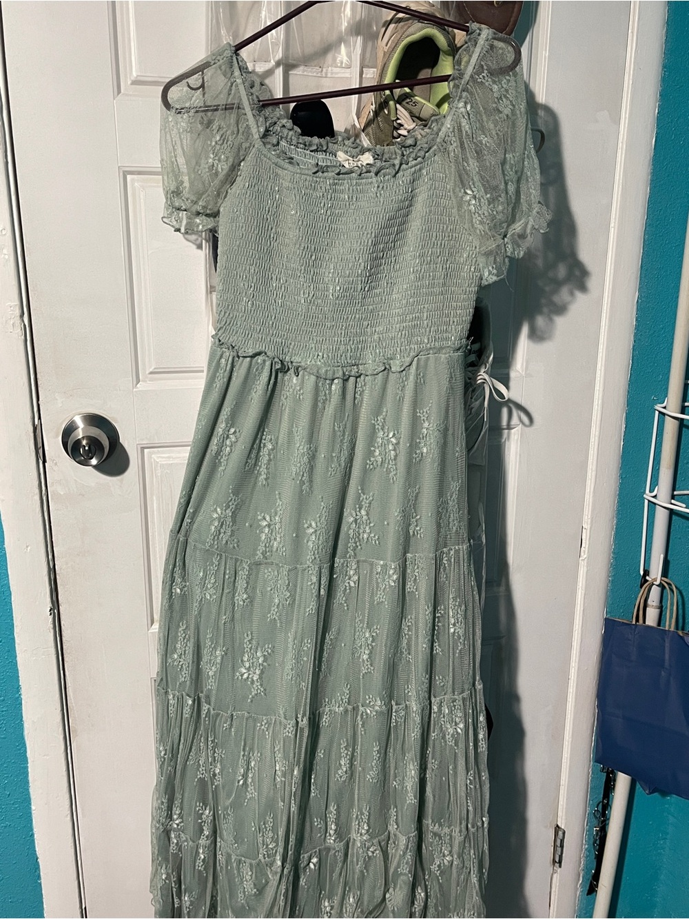 Smocked Bodice Lace-Trim Maxi Dress in Mint Green